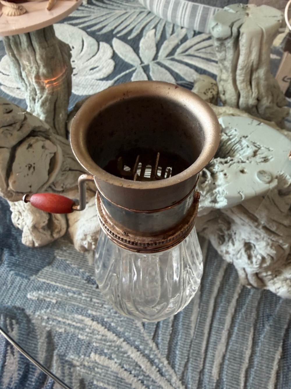 Vintage Glass Butter Churn with Copper-Tone Top and Red Handle